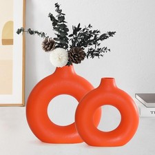Orange Ceramic Donut Vase Set of 2, Hollow Round Matte Pampas Flower Vases fo...
