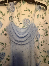 Windsor Blue Beaded Sequin Mesh Long Gown Dress S Cowl Neck Strappy 62”L 13”W