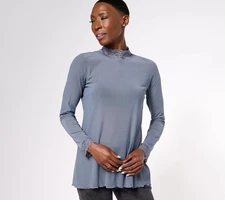 LOGO by Lori Goldstein Layers Mesh Mock Neck Top with Lace Trim Dark Grey XL Use