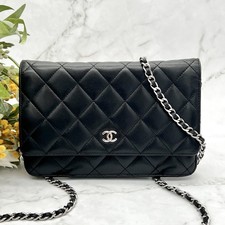 CHANEL Wallet On Chain Lambskin Black Shoulder Bag Matelasse *Rank B*
