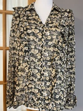 T Tahari Women’s Floral Blouse L Beige Chiffon Ruffles Romantic Cottage Fairy