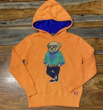 Polo Ralph Lauren Boys Medium 10-12 Bear Orange Hooded Sweater Graphic Youth