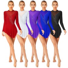 Women Long Sleeve Figure Ice Skating Rhinestone Mesh Lyrical Dance Leotard Dress