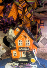 Halloween LED Haunted House Ceramic Orange  Black with White Ghost NWT
