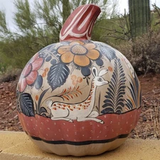 VTG RARE Tonala Pottery XL Pumpkin Mexican Folk Art Deer Ocelot Birds Cactus