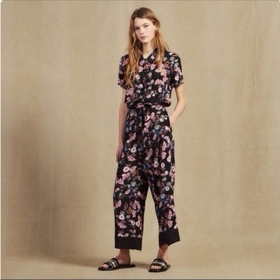 Sandro Jumpsuit Olivier Wide Leg 38 Medium Snap Button Down in Black Floral Tie