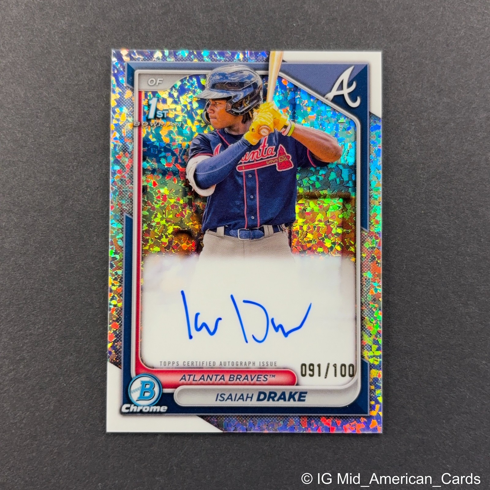 2024 Bowman Isaiah Drake 1st Chrome Auto Mini Diamond Refractor /100 Braves