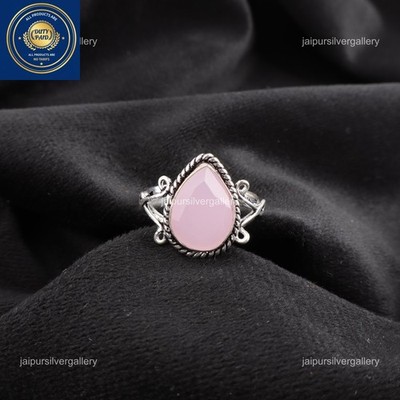 925 Sterling Silver Pear Rose Chalcedony Gemstone Bezel Solitaire Statement Ring
