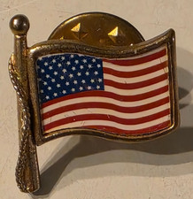 Vintage American Flag USA Gold Tone Enamel Lapel Pin with Gold Rope Made in USA