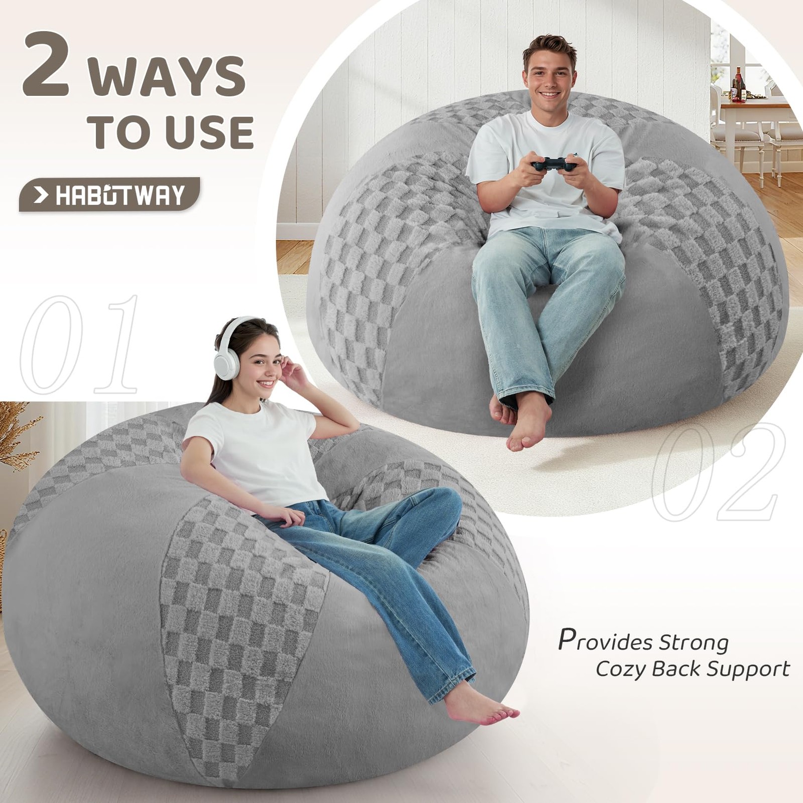 3FT Bean Bag Chair Teardrop Beanbag Chair with Memory Foam Filled Soft Checkb...