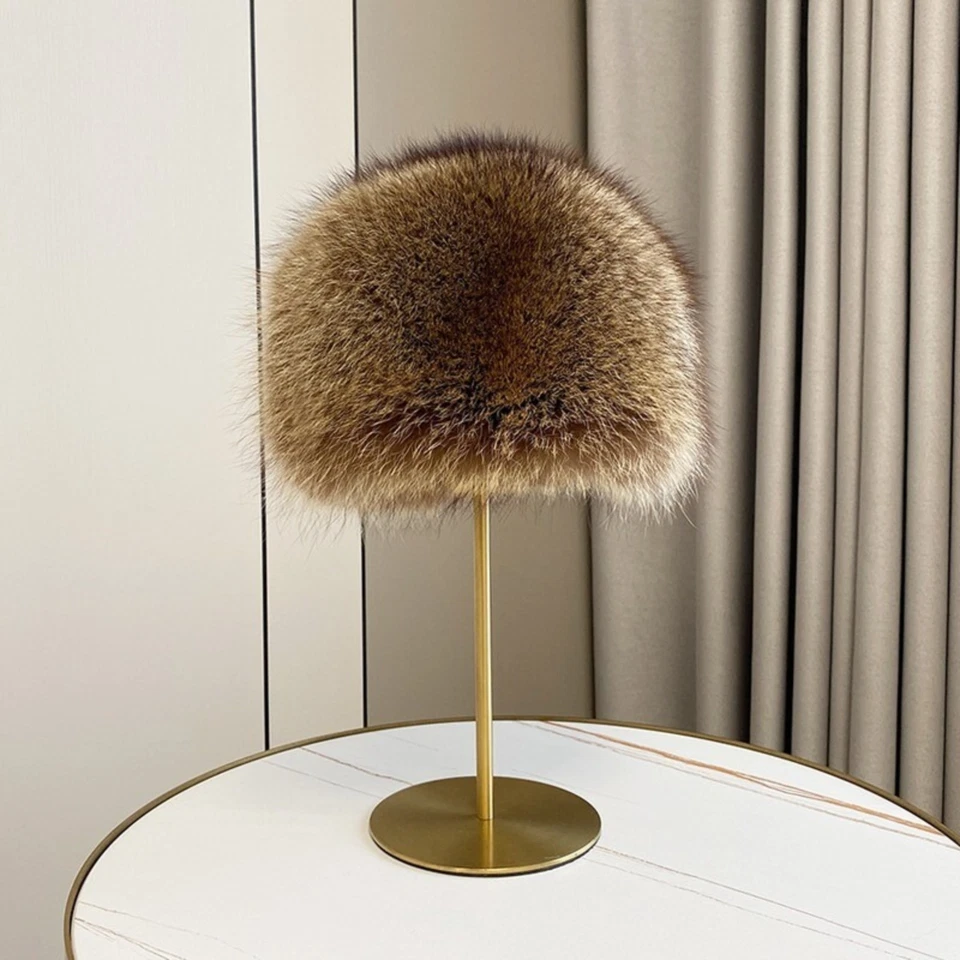 Women's Real Natural Brown Raccoon Fur Hat Round Ski Cap Elastic Beanie Earlaps - Image 4 of 4