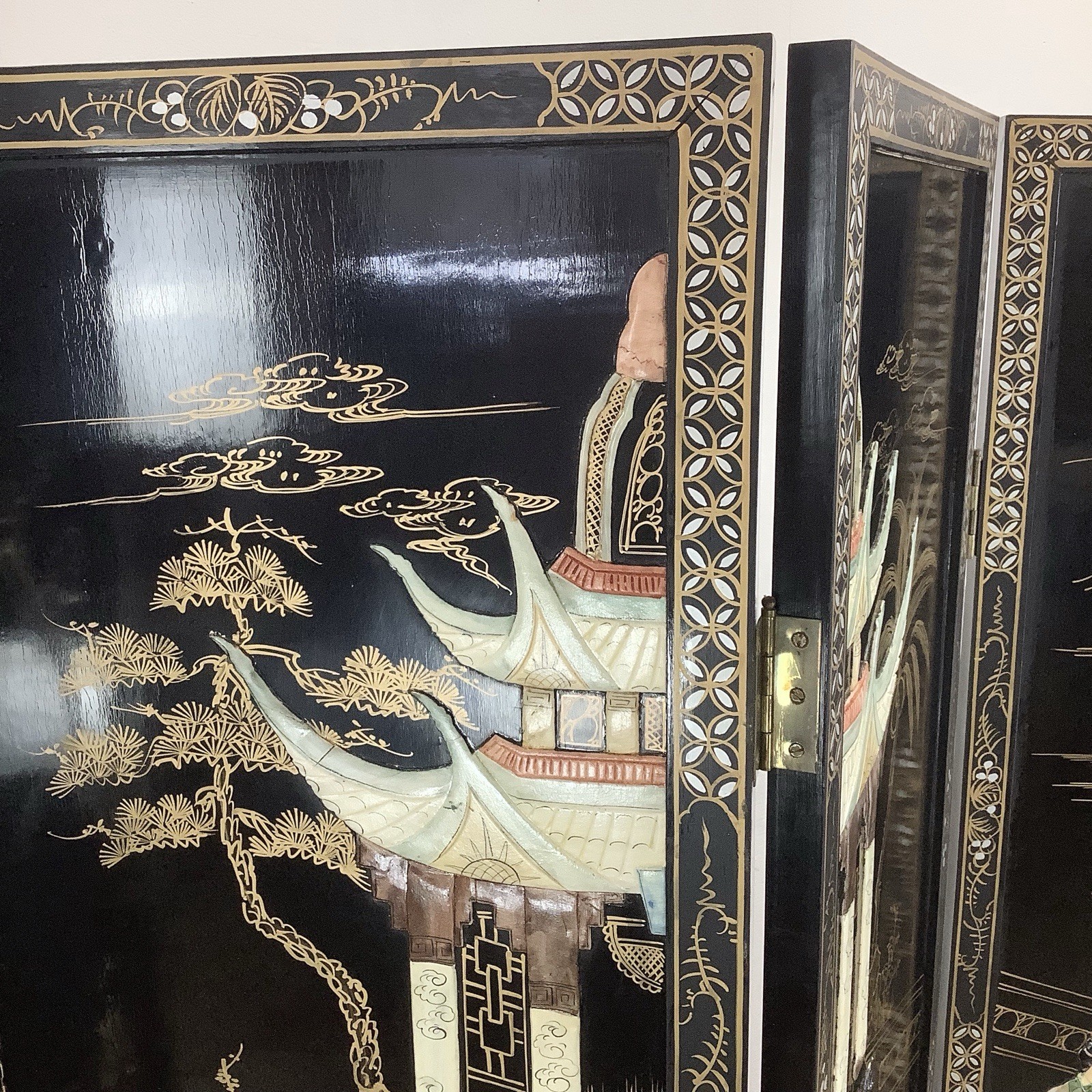Vintage Black Lacquer Chinoiserie Folding Screen