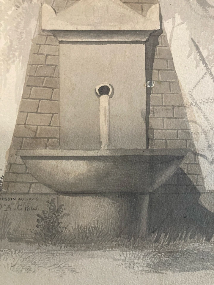 beau Dessin Fontaine Eau Lavis Encre XIXe Romantisme Architecture Paysage Art - Photo 4/4