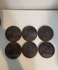African Set Ebony Wooden Hand Carved 6 Wood Coasters With Carved Holder Animals