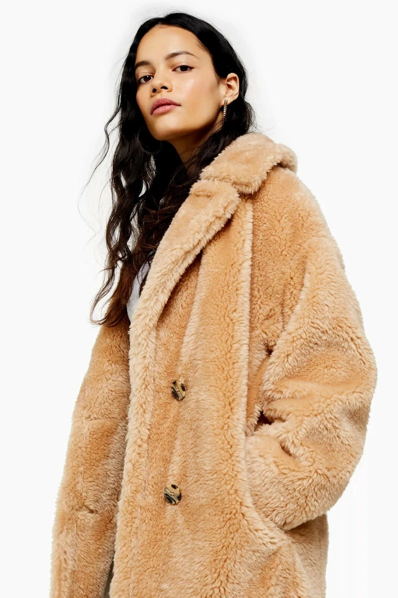 NWT Topshop Camel Brown Soft Teddy Bear Faux Fur Borg Velvet Coat L 12 44