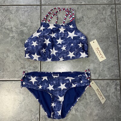 ROXY 2pc Swimsuit Stars Stripes Patriotic Bikini W Halter Top Large L NEW NWT