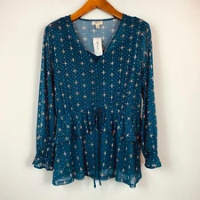 Style & Co Womens Plus 1X Teal Green Printed Ruffle Mesh Top With Camisole NWT