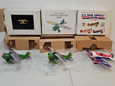3 Vintage 1992 Spec Cast John Deere Moline, ILL Airplane Coin Bank & US Mail 