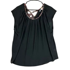 Lauren Conrad Womens Blouse Black Multi Floral Back Tie Sleeveless Pleated XL