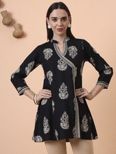 Indian Women BEAUTIFUL Black Cotton Ethnic Motifs Printed Kurta Kurti Top Tunic
