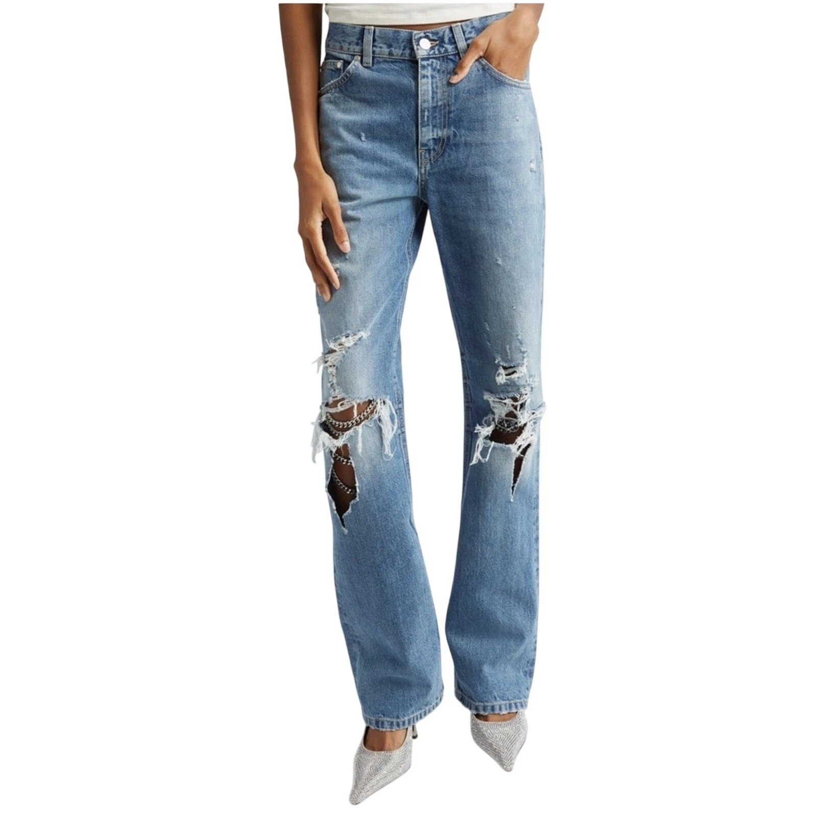 Stella McCartney — STELLA MCCARTNEY FALABELLA CHAIN KNEES DISTRESSED BOOTCUT JEANS VINTAGE BLUE 27
