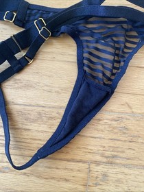 Bordelle Black Adjustable thong S Gold hardware G String panty NEW Striped