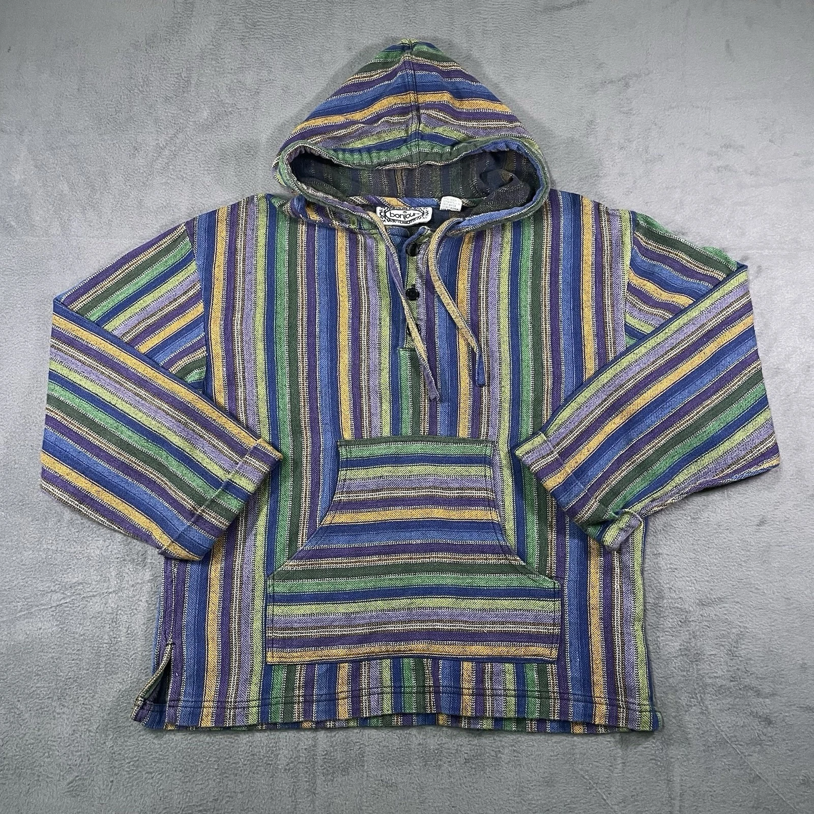 Bonjour Baja Hoodie Women’s Small Striped Multicolor Pullover Boho Hippie Surf