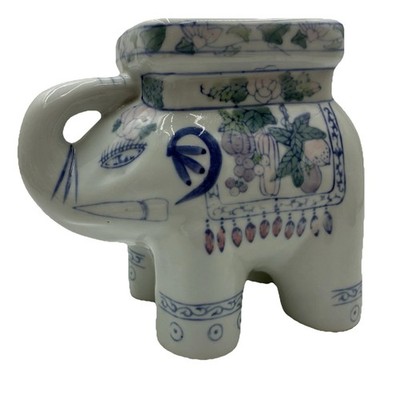 Blue & White Porcelain Elephant Plant Stand HandPainted Trunk Up Home Decor