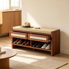 Brown Shoe Bench with Cushioned Seat 2 Rattan...