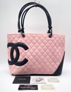 Auth Chanel Cambon Pink Black Tote Bag W/AG card NS070153