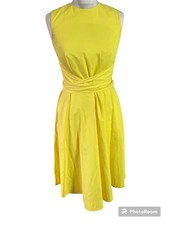 Hobbs bright yellow sleeveless knee fit & flare midi dress UK 8 tie belt pockets