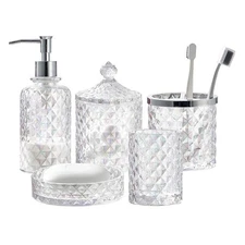 5-Piece Bathroom Accessories Set Crystal Look Dispenser Tumbler Dish Holder Jar
