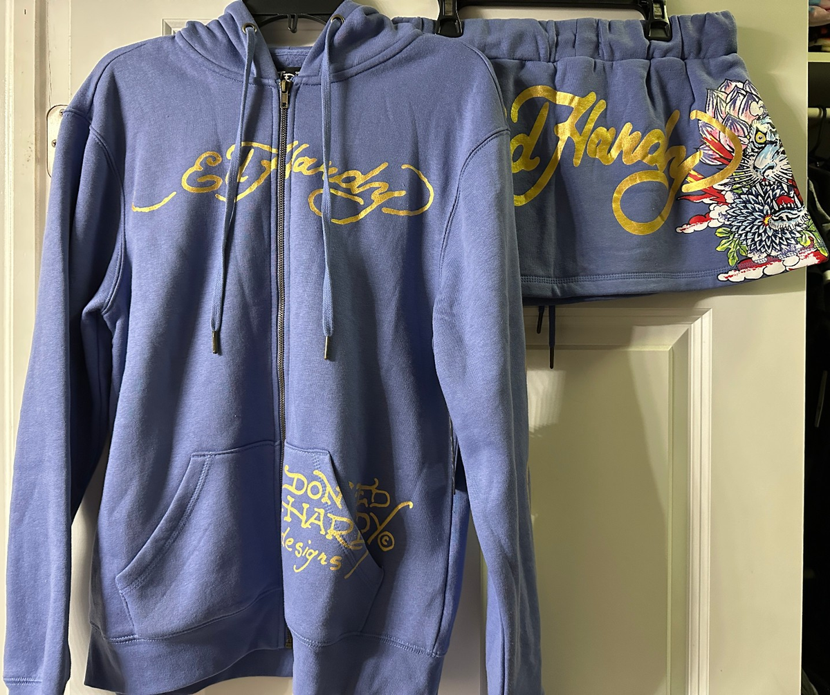 NWT Ed Hardy Blue Tiger Lotus Full Length Zip Hoodie & Skirt Set