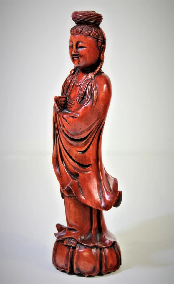 Estatuilla tallada china oriental asiática de madera dura Kwan Yin de colección Foto 2 de 4