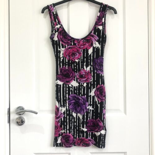 RRP £20: NEW LOOK, BLACK MULTI FLORAL SEXY SCOOP NECK BODYCON SLEEVELESS DRESS 6 - Picture 1 of 3