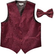 New formal men's tuxedo waistcoast vest bowtie Burgundy Paisley wedding party