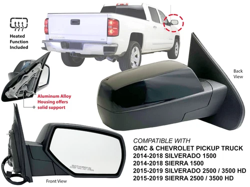 Mirror for 2014-2019 GM Pickup Truck Power Heated PTM Black Cap Passenger Side