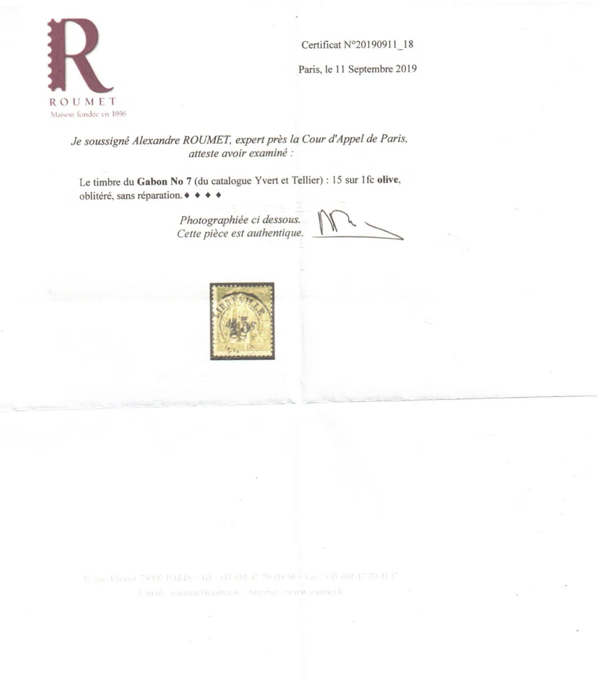 Gabon #7 Used Fine With Ideal CDS Cancel Signed Scheller **With Certificate** - Image 2 of 2