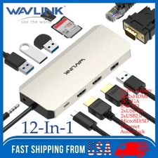 WAVLINK USB C Laptop Docking Station 12-in-1 Hub Triple Display Dual HDMI VGA PD