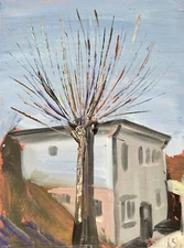 Original oil painting spring tree abstract cityscape 7x9.5"