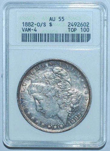 1882 O/S Strong ANACS AU55 VAM-4 Recessed Morgan Silver Dollar