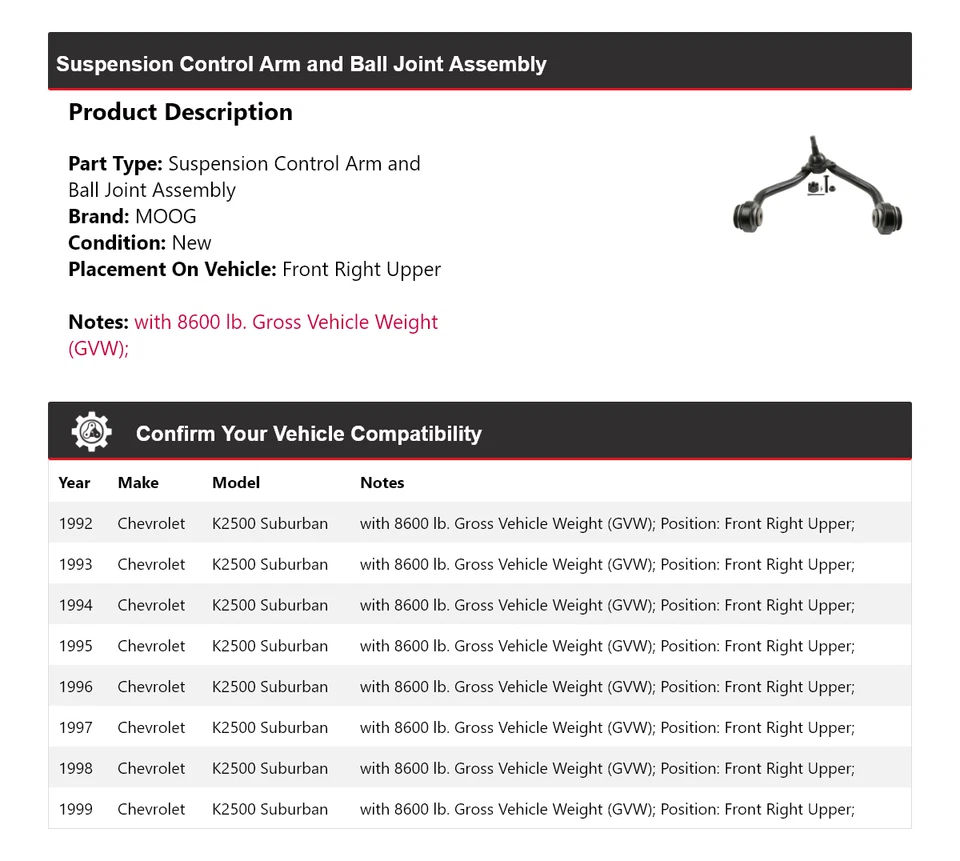 Brazo de control delantero derecho superior MOOG 1992-1999 para Chevrolet K2500 Suburban 1992 Foto 2 de 4