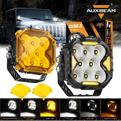 2x AUXBEAM 4'' Flood LED Pods Lights & Amber Cover For Jeep Wrangler JL JK TJ YJ