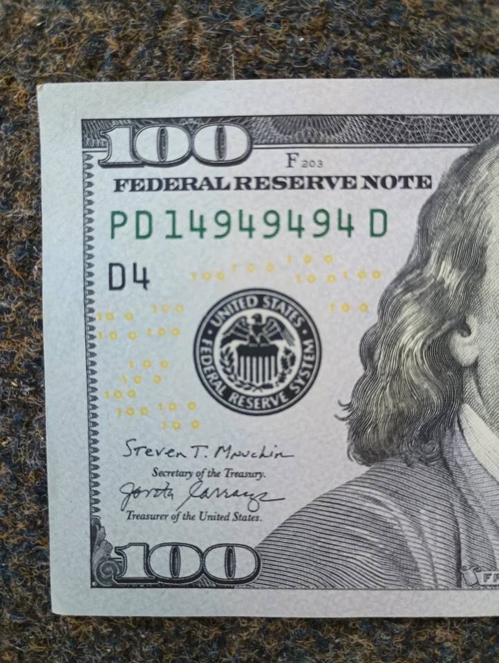 2017 $100 Bill Federal Reserve Note Fancy Repeating Serial Number 14949494 - Image 2 of 4