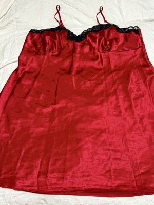 EUC Cherry Red Satin Slip Dress 2X Black Lace Trim Y2K Nightwear Daywear Glam