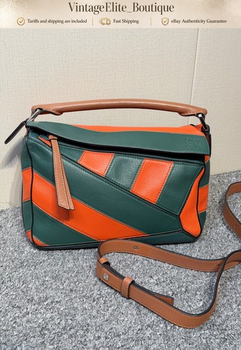 Loewe Puzzle Small Green Orange Leather Silver HW Shoulder Bag Preowned Authenti