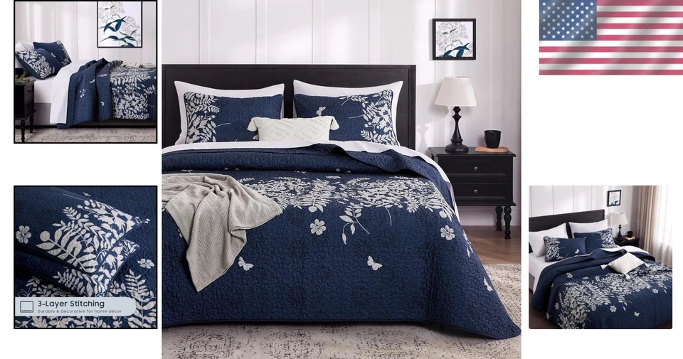 Elegante Juego de Edredón Floral, King Size, Azul Marino Gris Foto 2 de 4