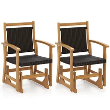 2PCS Patio Rattan Glider Chair w/Acacia Wood Frame & Wicker Seat Back Armrests
