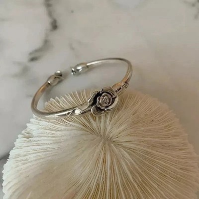 Vintage Flower Retro Rose Cuff Bangle 925 Sterling Silver Women Jewelry Bracelet