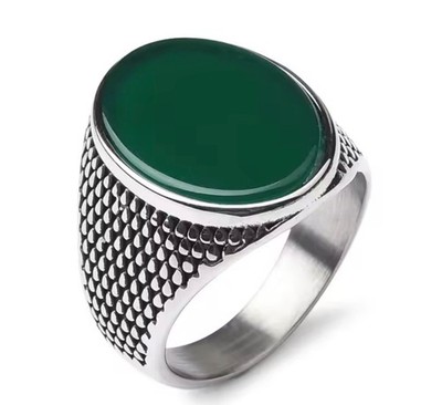 Men s Ring Stainless Steel Silver Color Green Onyx Oval Shape Fashion Style